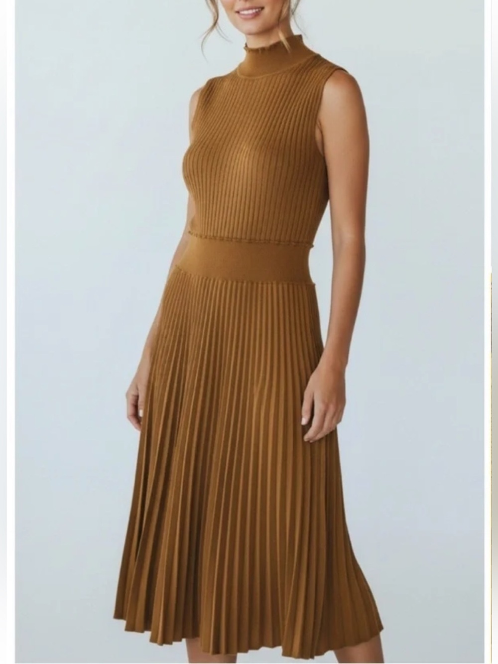 Sleeveless Pleated Mock Neck Dress - Beige / Tan